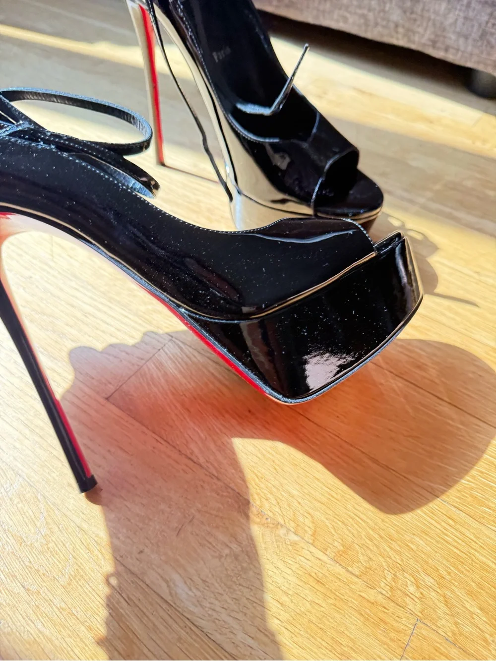 Christian Louboutin Black Patent Peep-Toe Lace-Up Platform Pumps with Red Sole